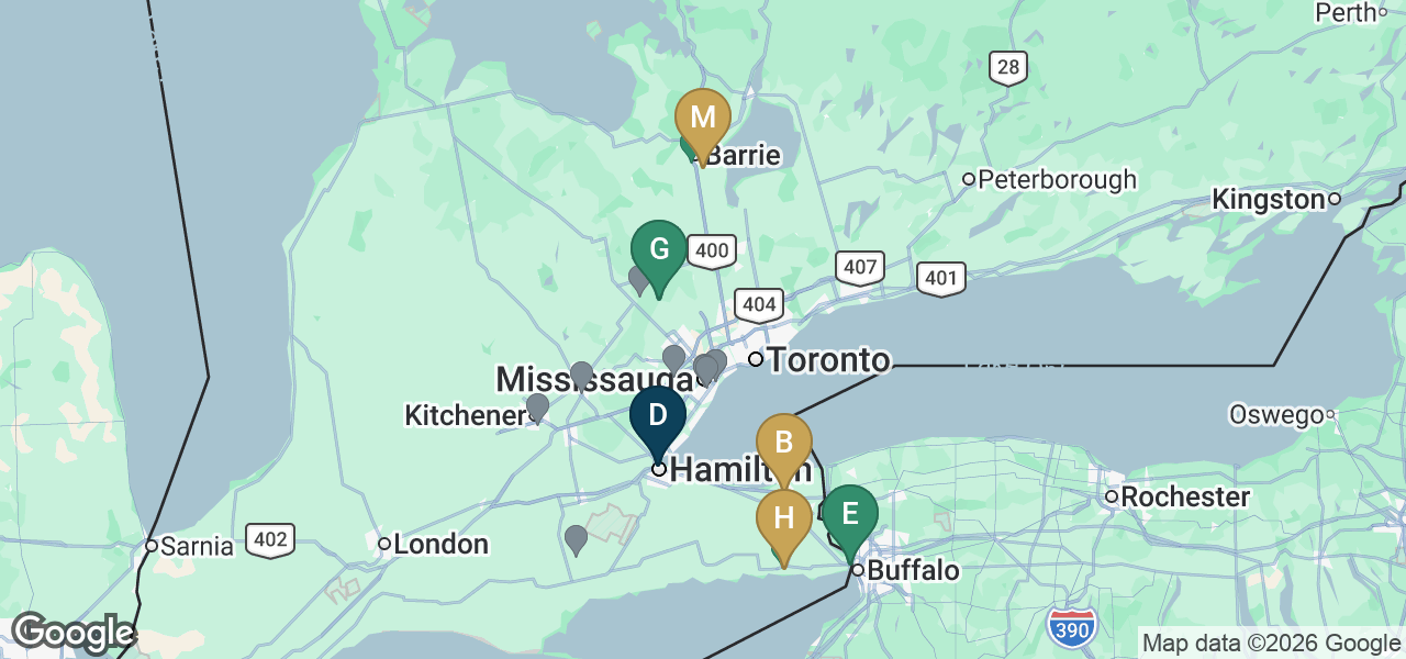 Map of Dunsire communities across Southern Ontario — Mira, Meadow Heights, Bromley Gardens, Highlands, Evergreens