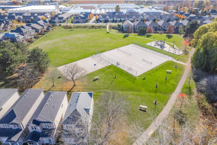 Eastport Park aerial — community green space adjacent to Bromley Gardens